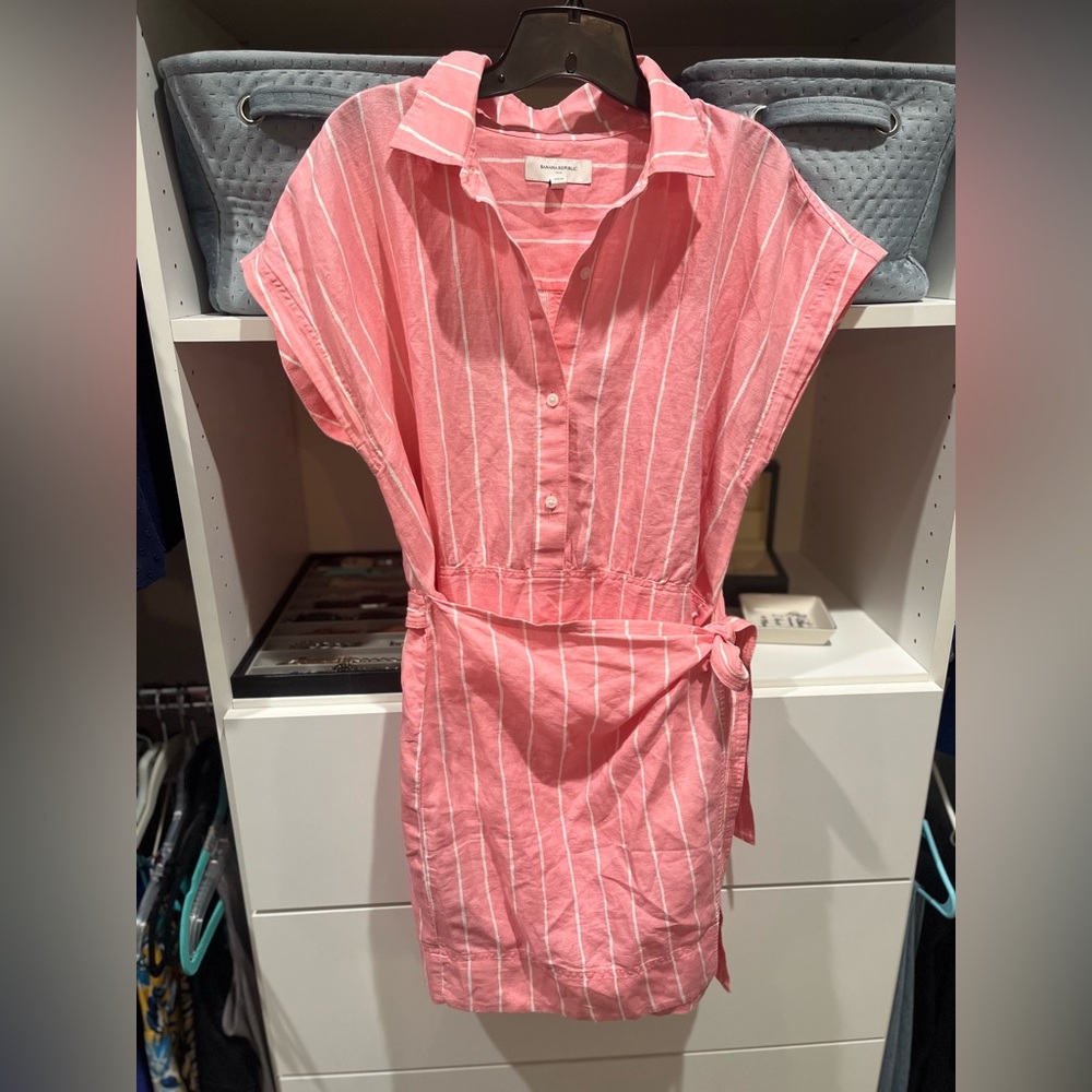 Banana Republic Light Pink Linen Sleeveless Mini Shirt Dress with Self-Tie Waist